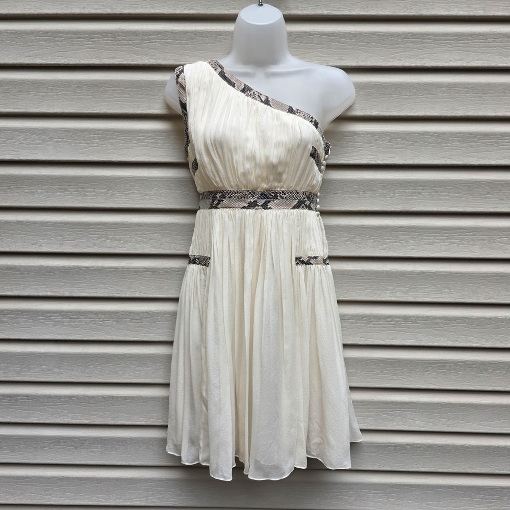 DVF Emilyn Silk One Shoulder Mini Dress Ivory Snake Trim Empire Waist Sz 4 Toga
